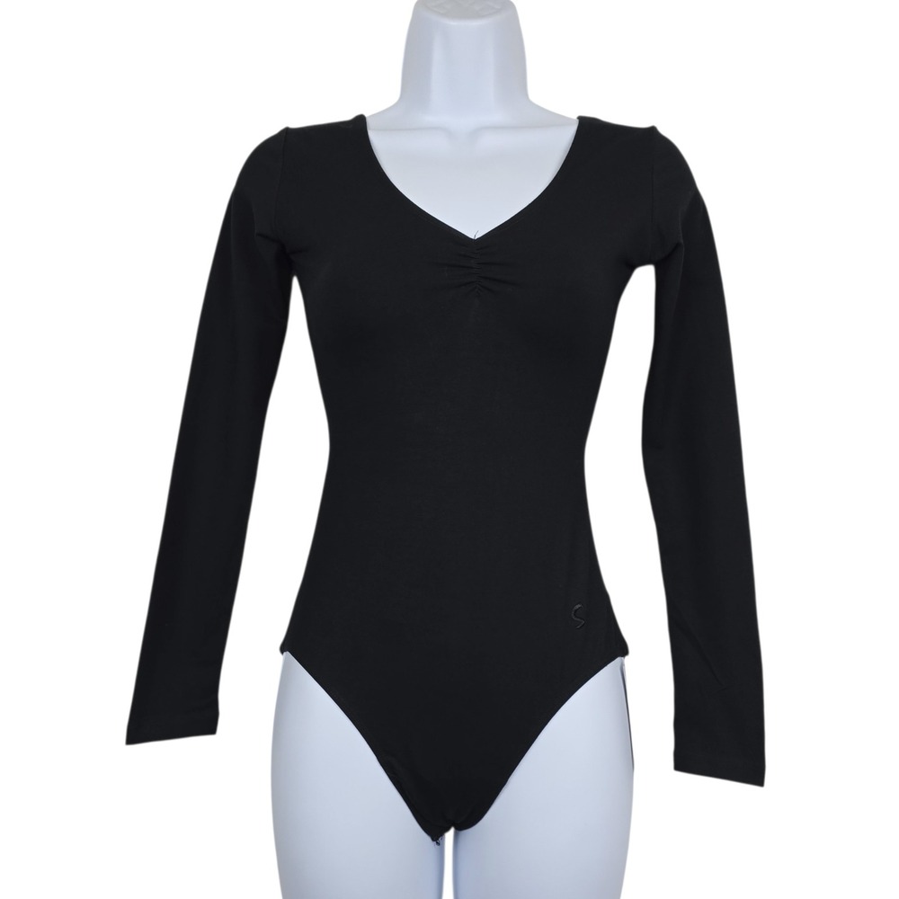 Sansha Womens Simone Black Long Sleeve V-Neck Ruched Ballet Leotard Size 4 NWT